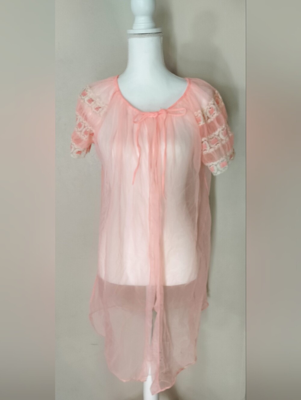 Sheer Coral Pink Short-Sleeve Peignoir with Lace Accents